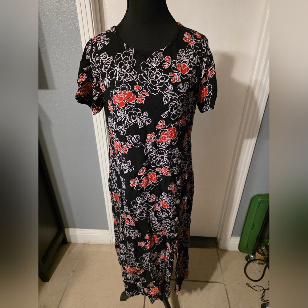 French Laundry Black Dress with Red and White Floral Print